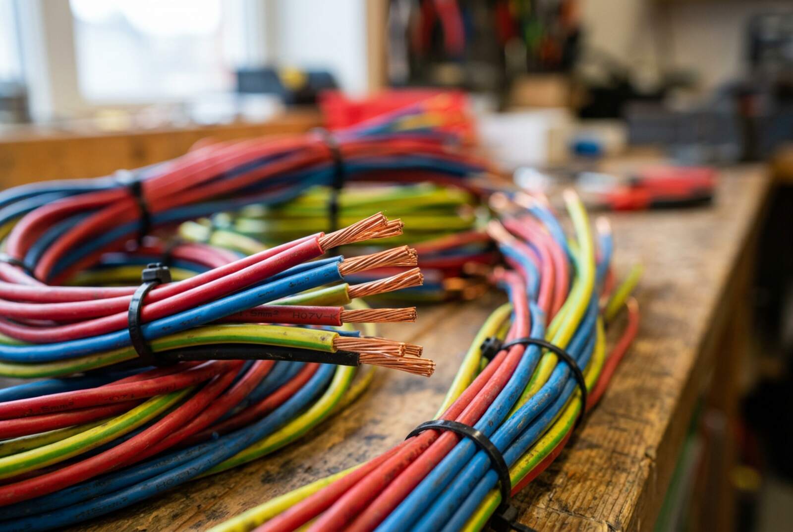 Bundles of coloured electrical cable on a workbench