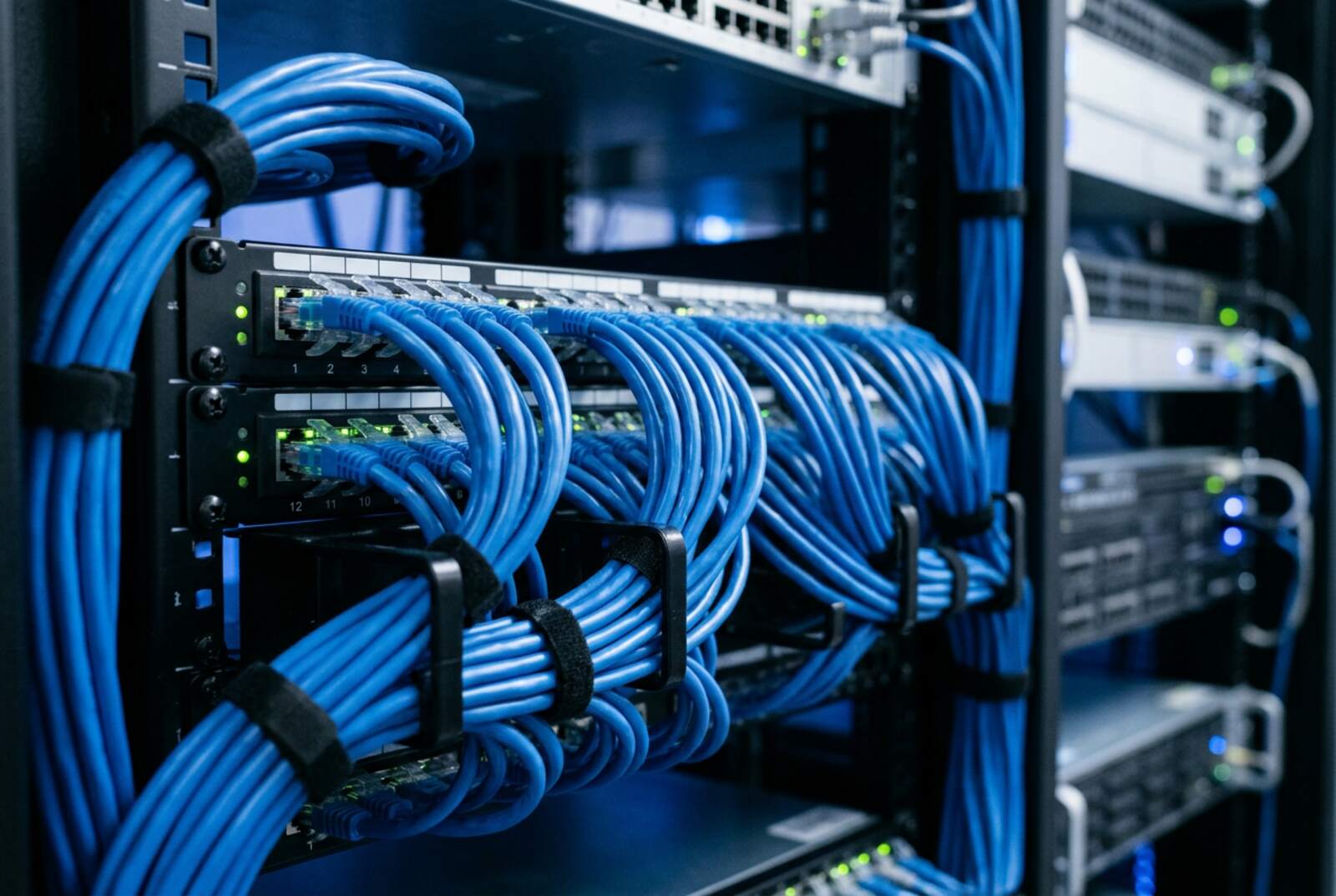 Blue data cables patched into a comms rack