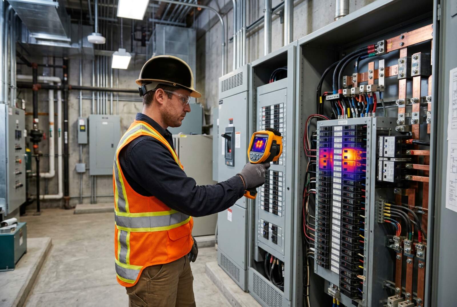 Electrician checking a switchboard with a thermal imaging camera