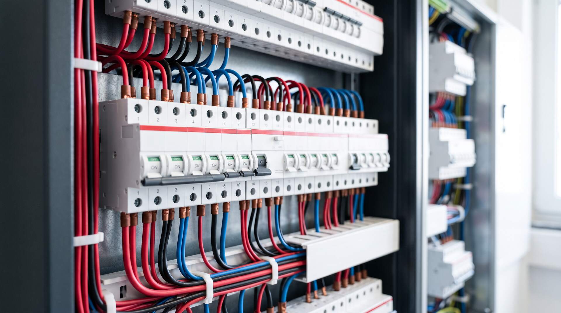 Rows of circuit breakers with red, black and blue wiring in a distribution board
